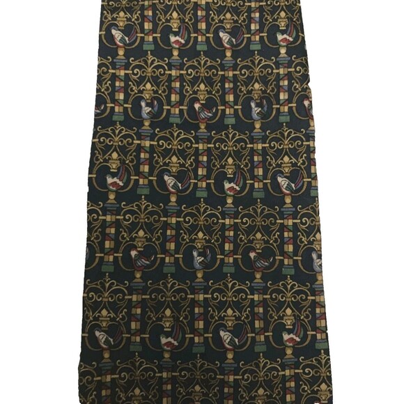 Salvatore Ferragamo Necktie Red Green Gold Ornate Bird Design on Navy Blue Rare - Picture 3 of 5